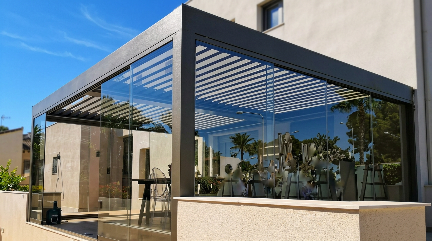 Rideaux de verre installés près d’une pergola bioclimatique