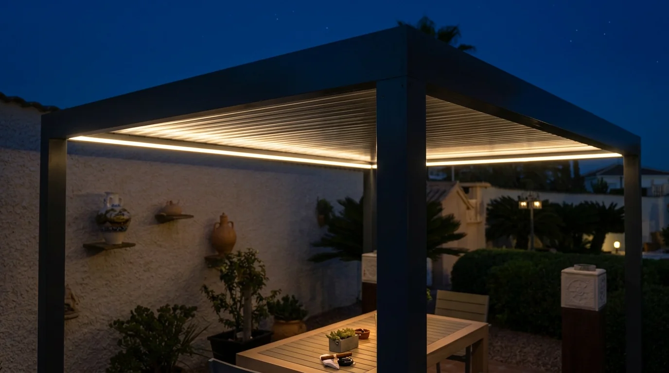 Terraza iluminada con luces LED al anochecer