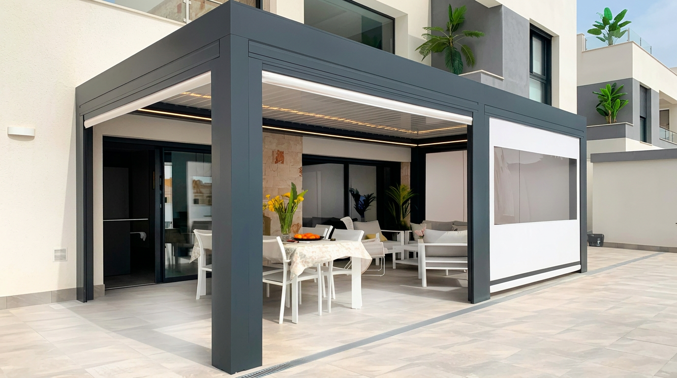 Stores latéraux installés sur une pergola bioclimatique