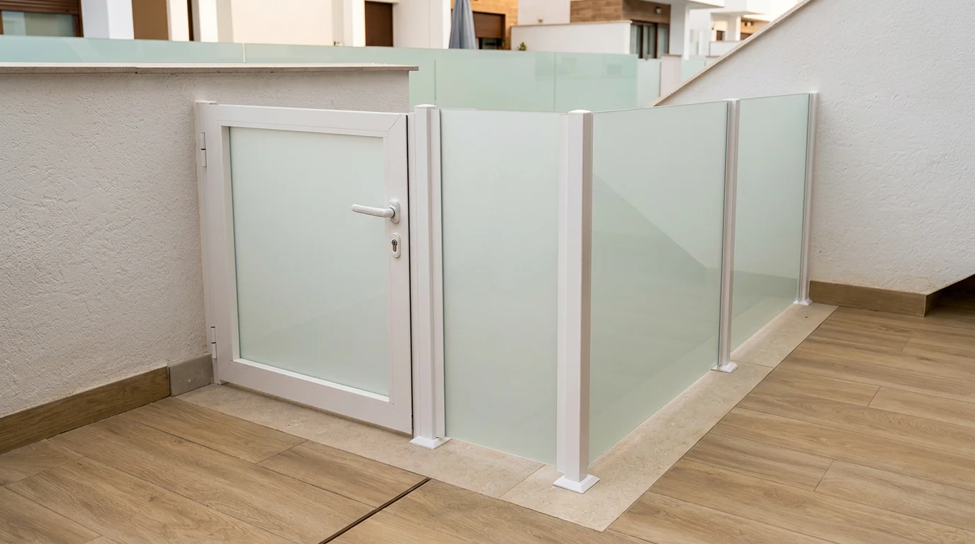 Balaustrada de cristal junto a una escalera