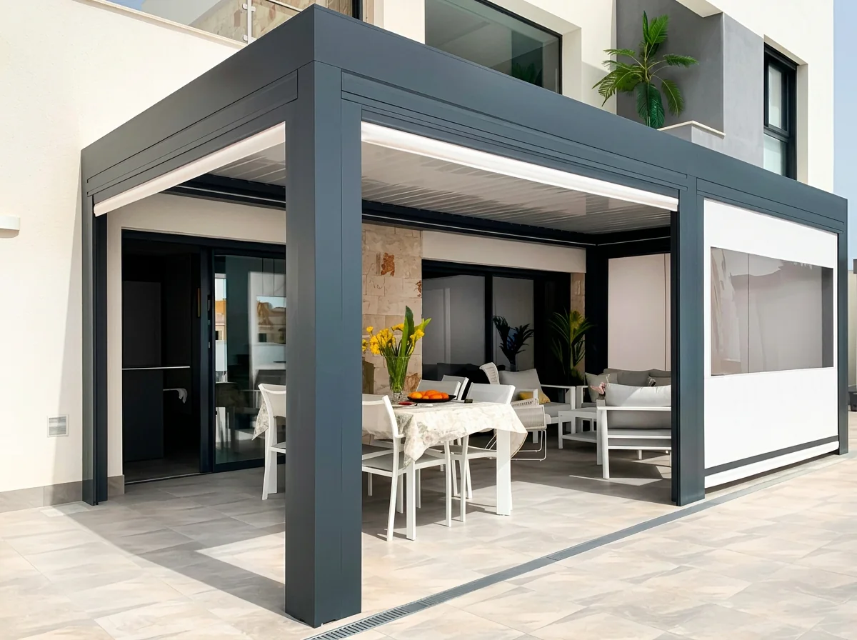 Pérgola bioclimática con lamas orientables y cierres laterales en una terraza