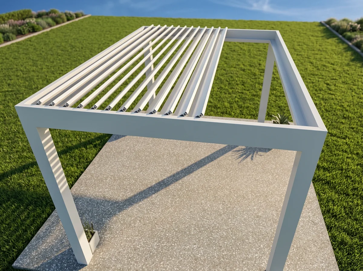 Pérgola bioclimática con lamas retráctiles recogidas hacia un lado