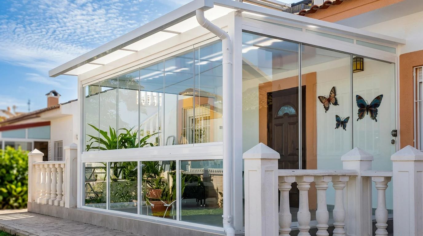 Cerramiento de cristal con estructura de aluminio blanco en una vivienda