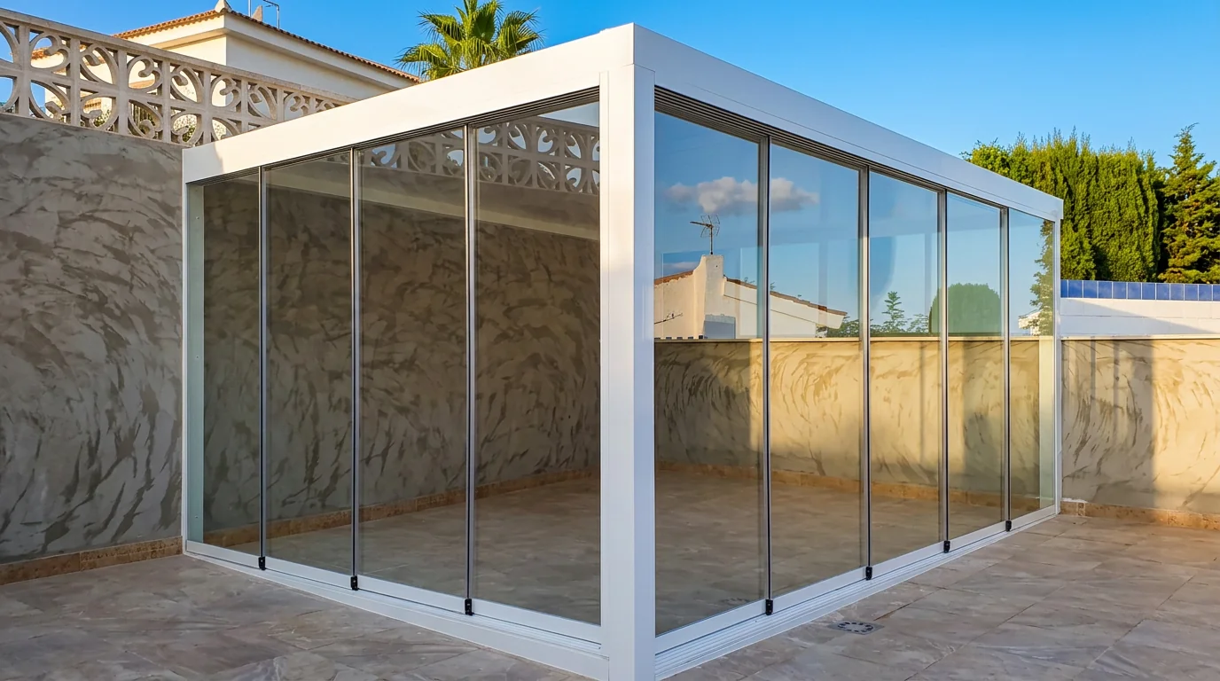 Cerramiento de cristal de esquina con perfilería blanca