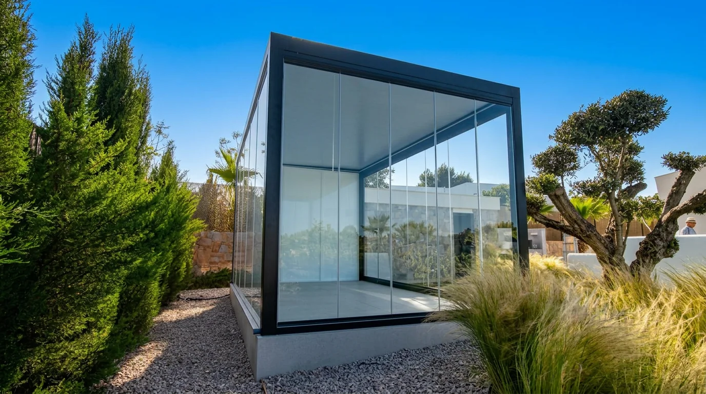 Fermeture en verre avec structure noire dans un jardin