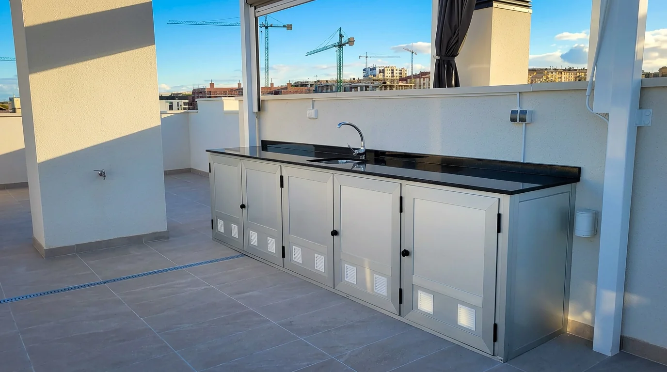 Cocina exterior instalada junto a una zona de estar