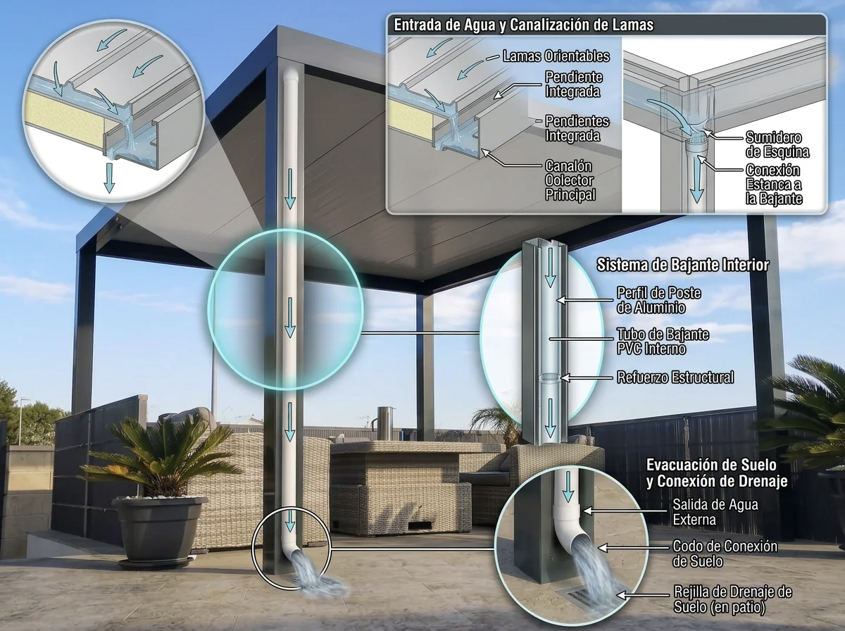 Esquema técnico del drenaje de una Pérgola Moderna, con canalización de lamas, bajante interior y salida de agua