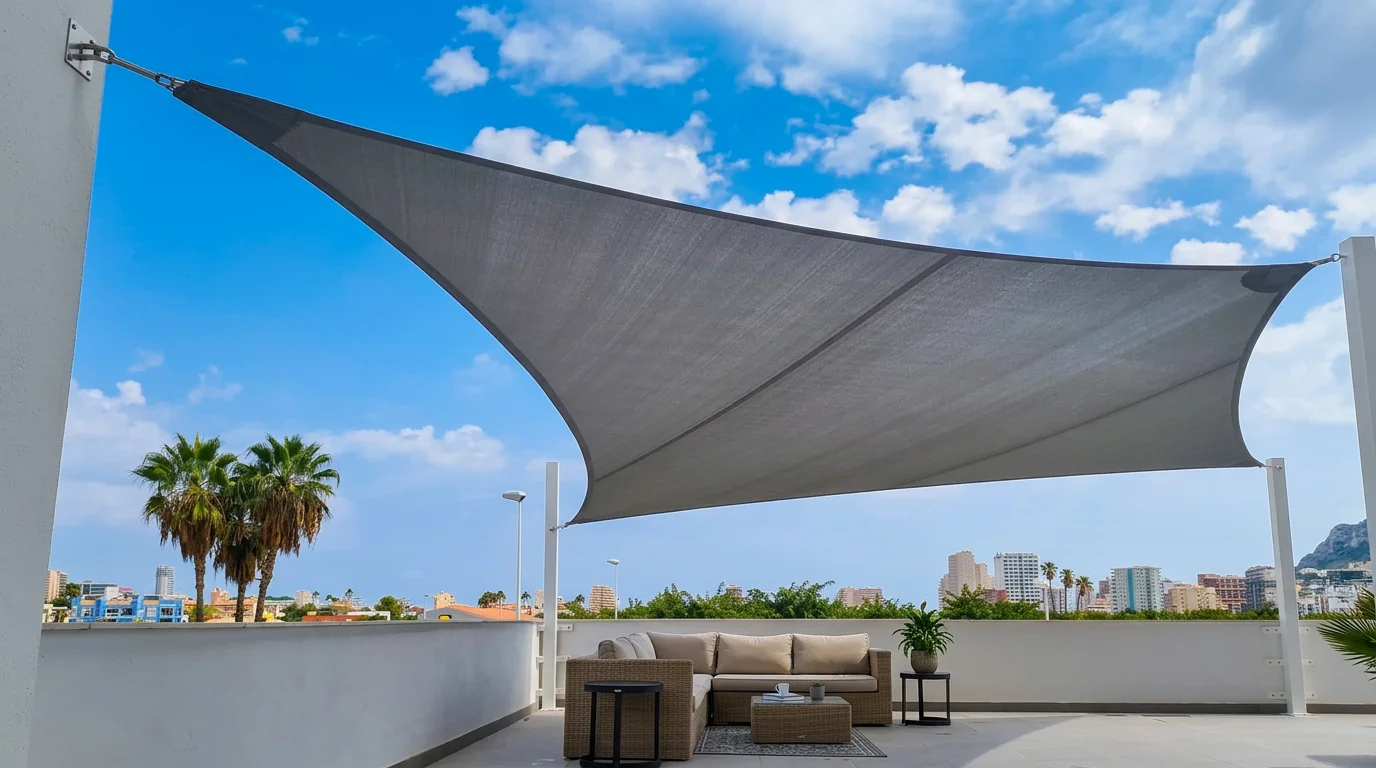 Shade sail installed in an outdoor space