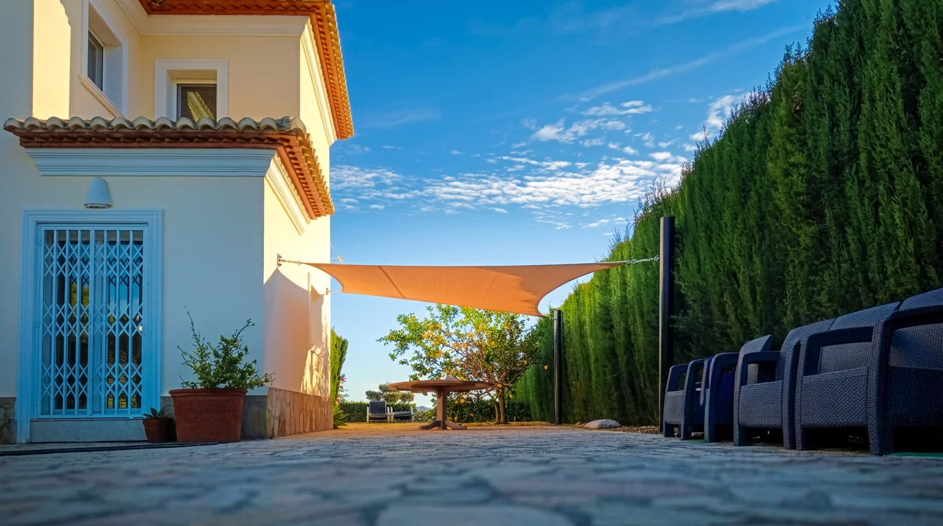 Shade sail installed in an outdoor space