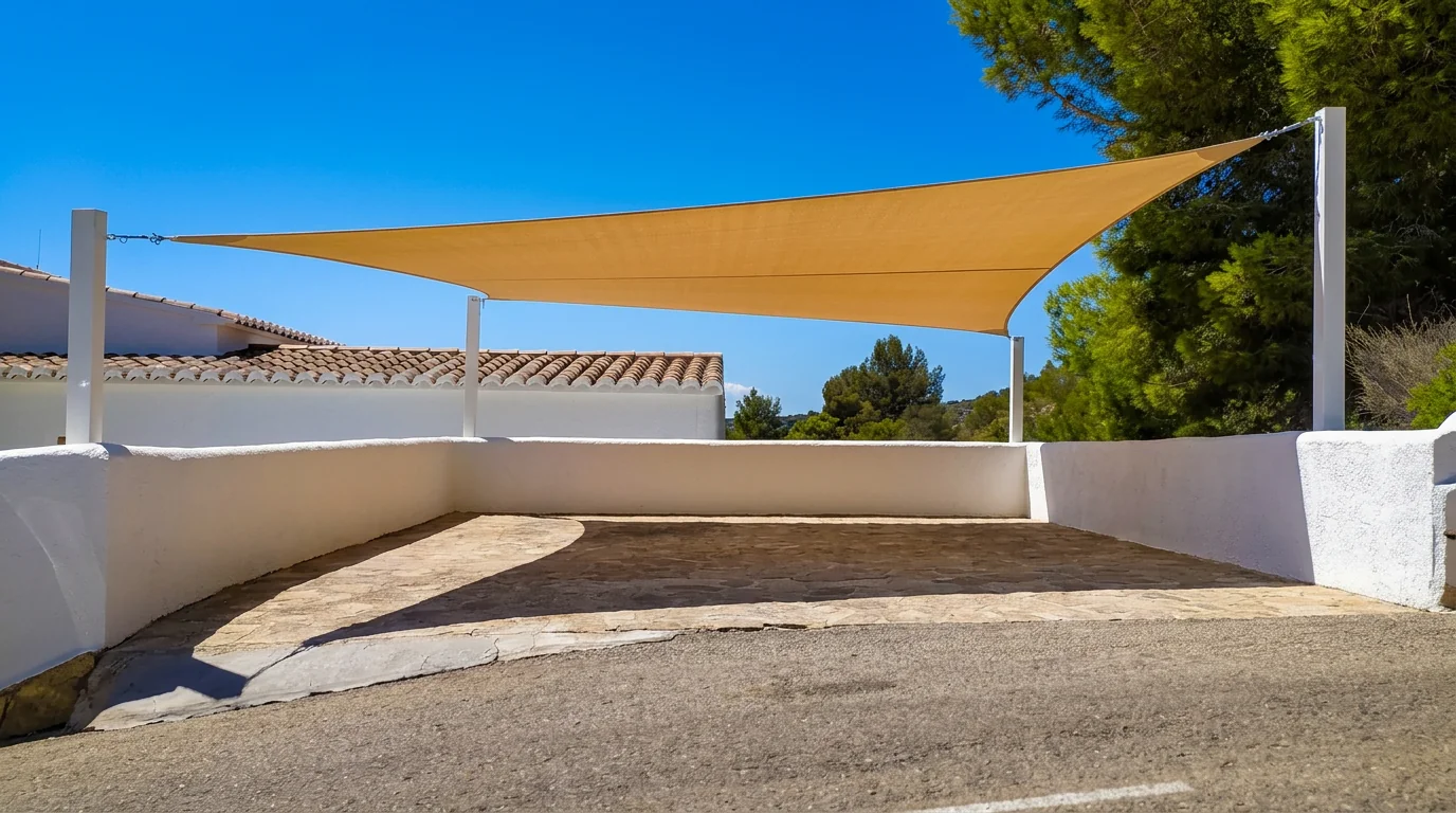 Shade sail installed in an outdoor space