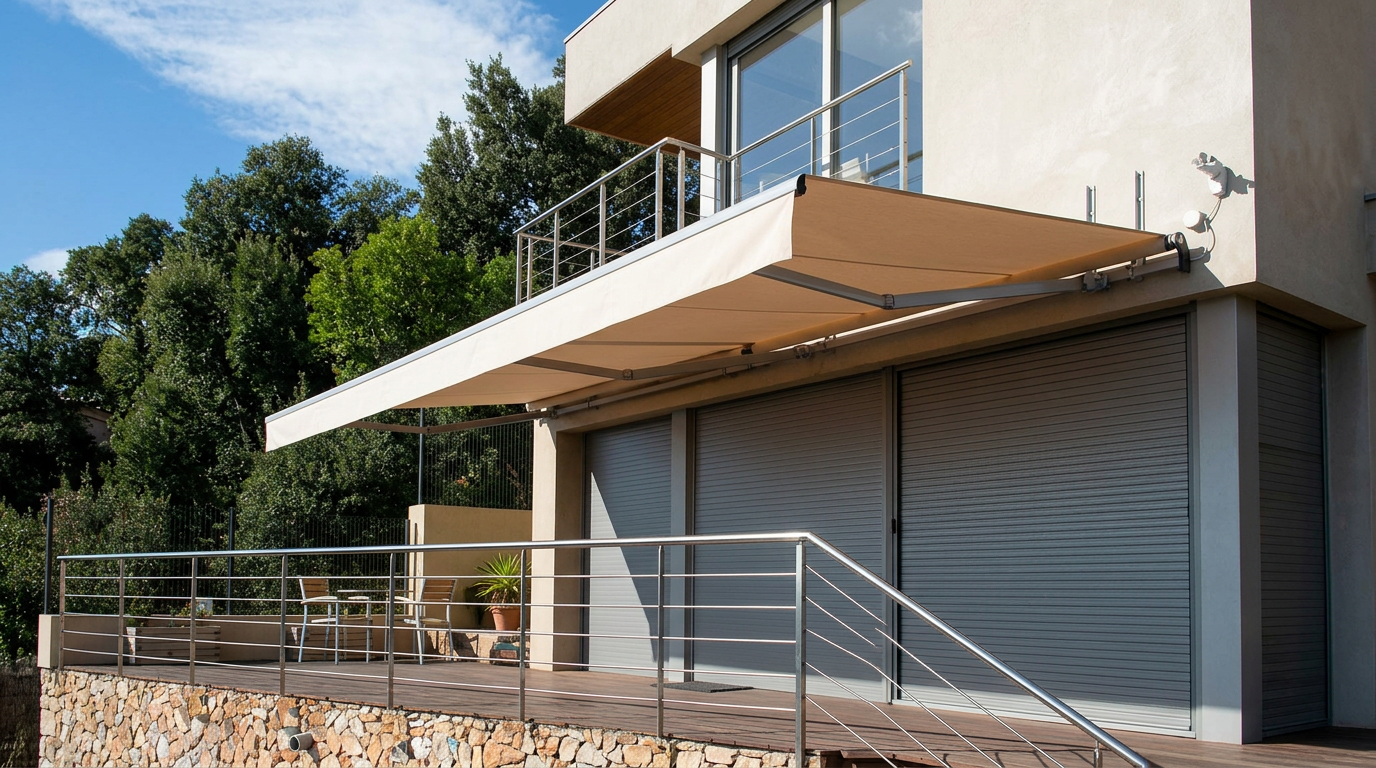 Toldo Monobloc de brazos articulados instalado