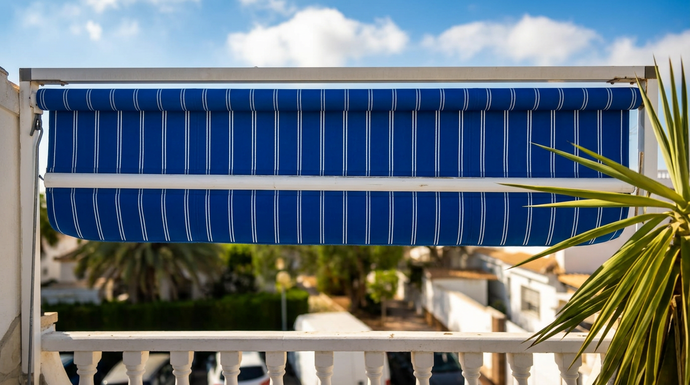 Telón azul de lona instalado en una terraza