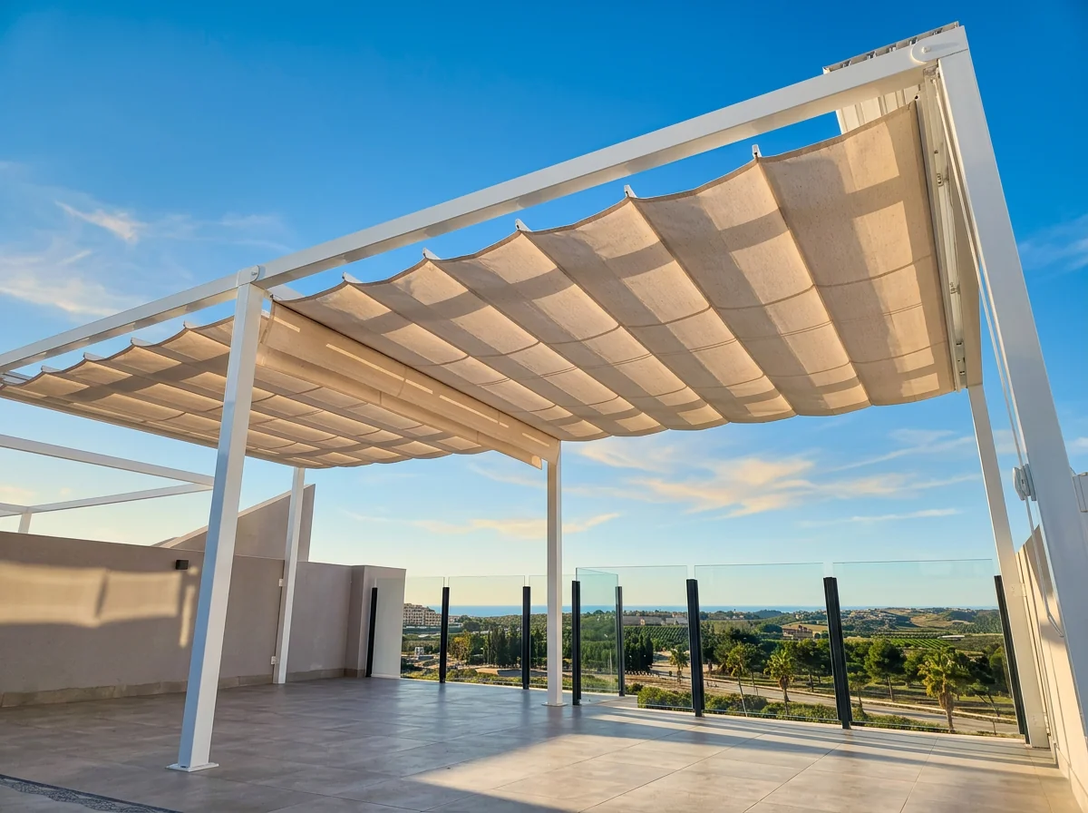 Palillería de lona guiada instalada sobre una terraza