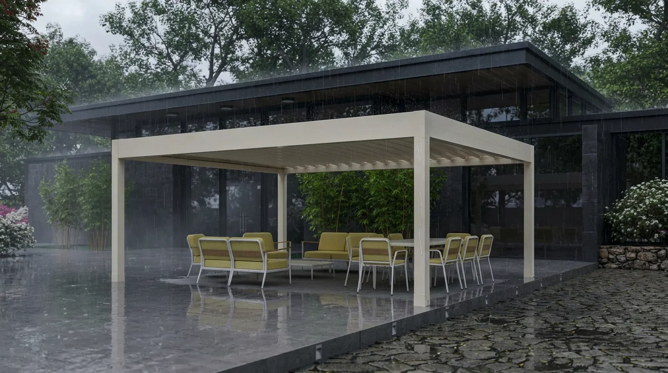 Pergo Cloud de lona tensada protegiendo una terraza bajo la lluvia