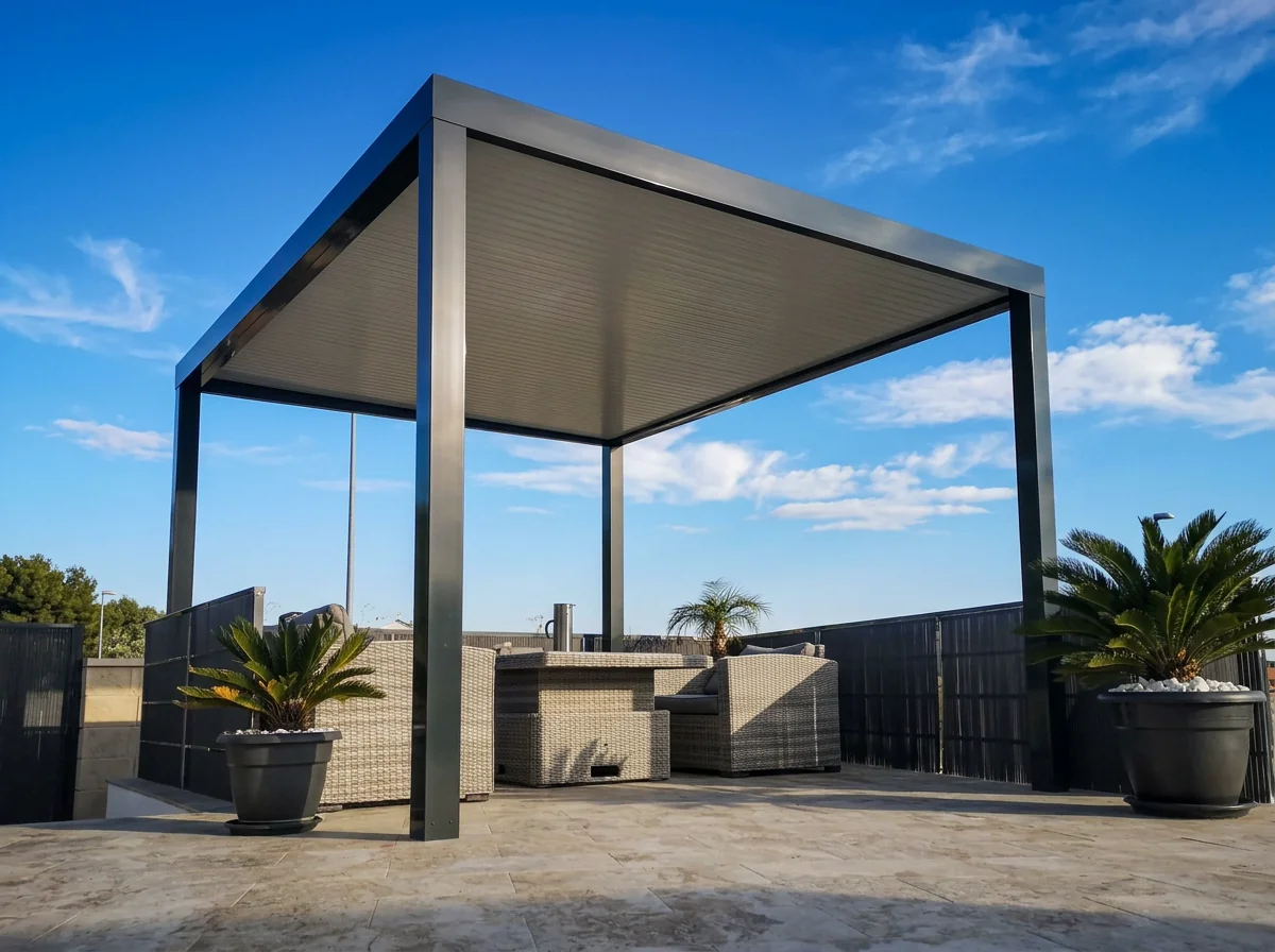 Modern Pergola with dark frame on a terrace