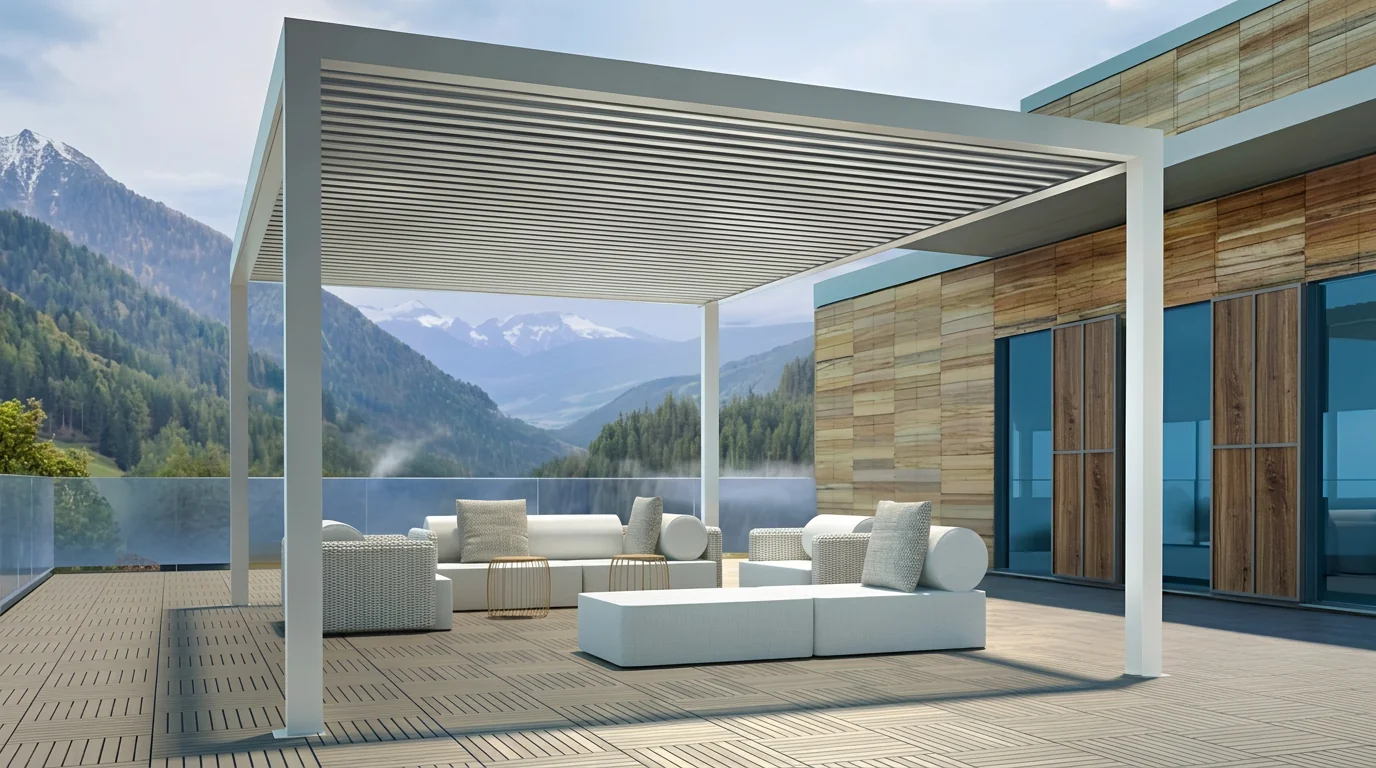 Pérgola bioclimática integrada en una zona de estar