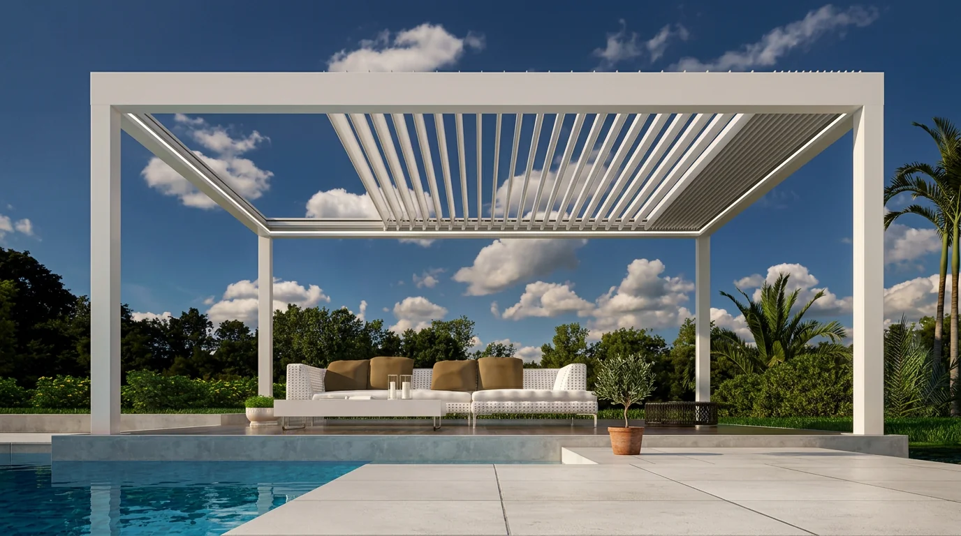Pérgola bioclimática blanca junto a una vivienda