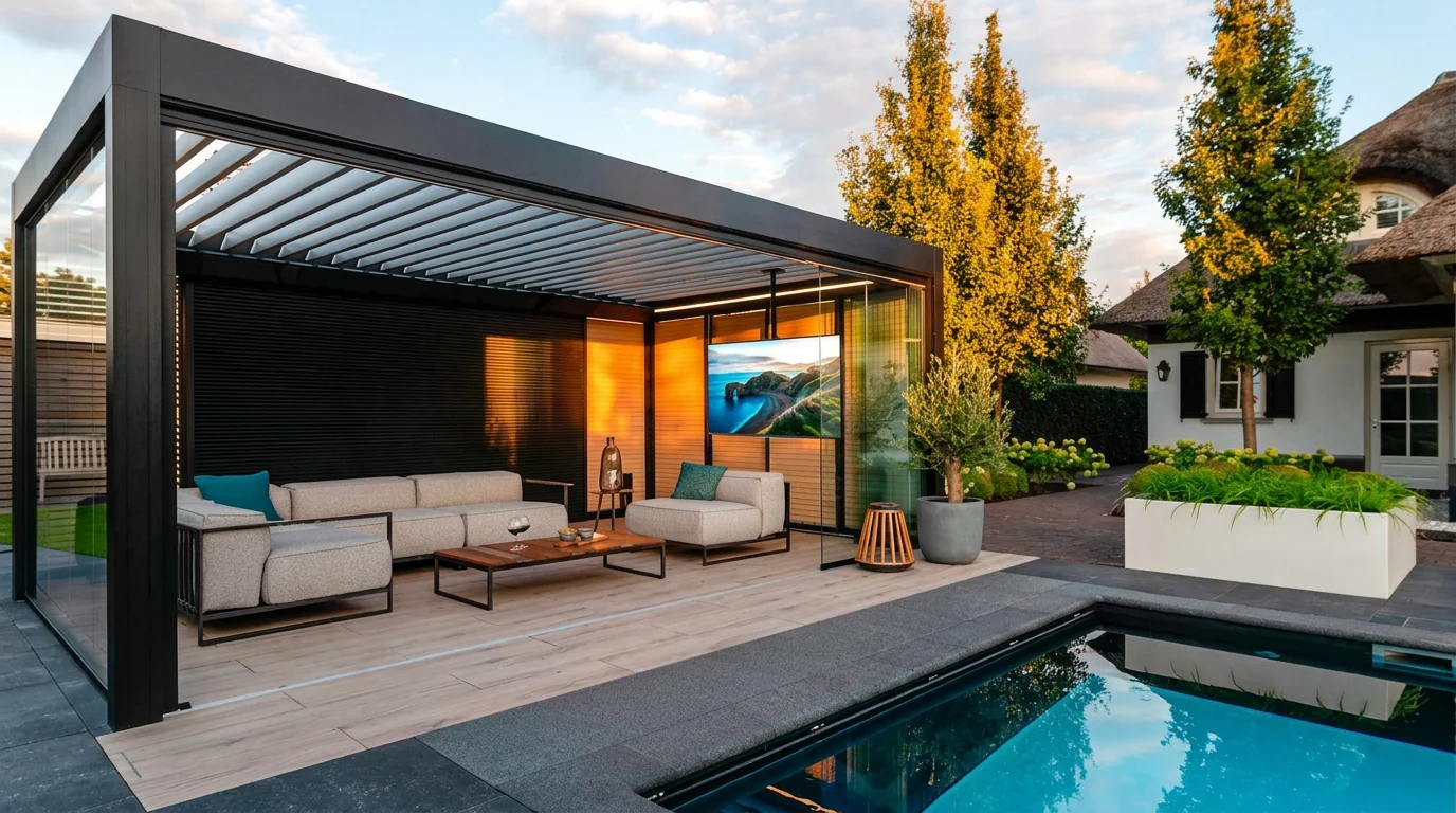 Pérgola bioclimática en una terraza exterior