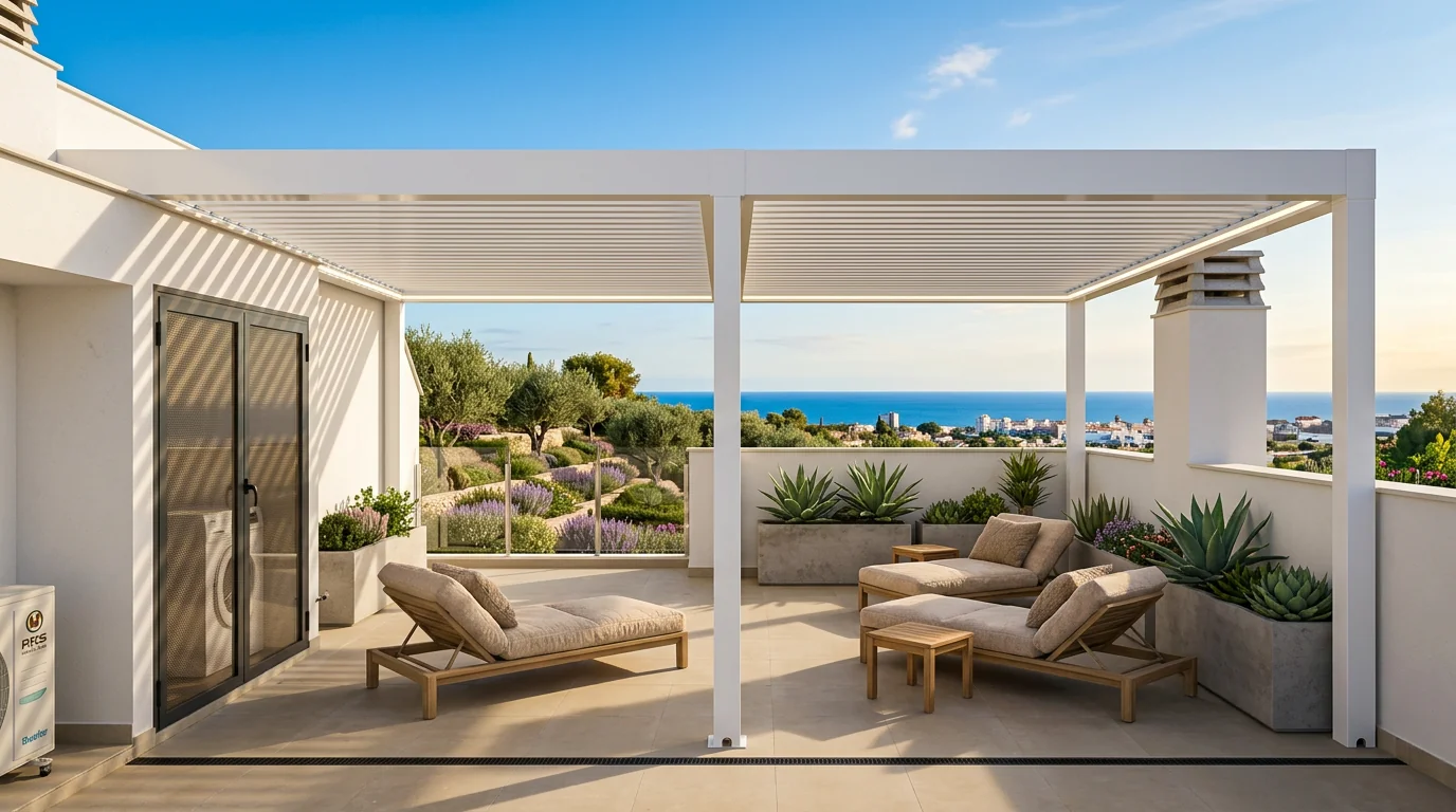 Pérgola bioclimática con lamas abiertas
