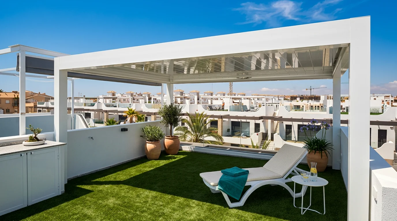 Pérgola bioclimática en un jardín