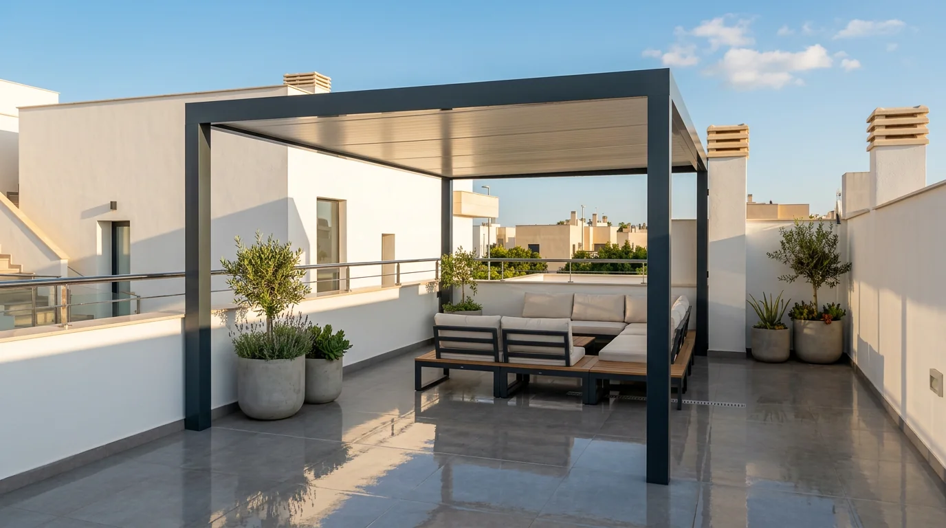 Pérgola Moderna oscura con zona de estar en una terraza