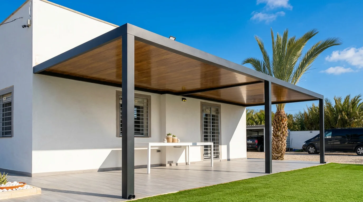 Pérgola Moderna con cubierta acabada en madera junto a una vivienda
