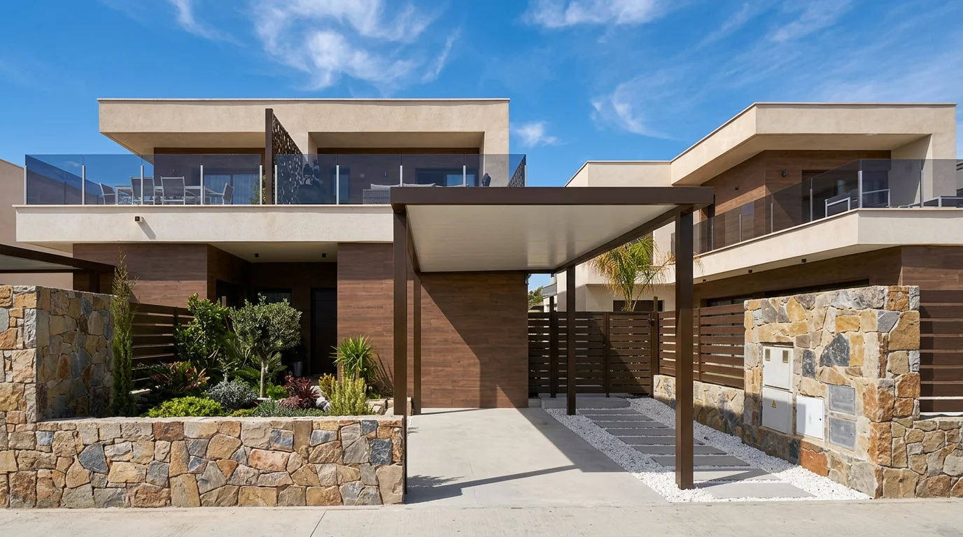 Pérgola Moderna integrada en la fachada de una vivienda