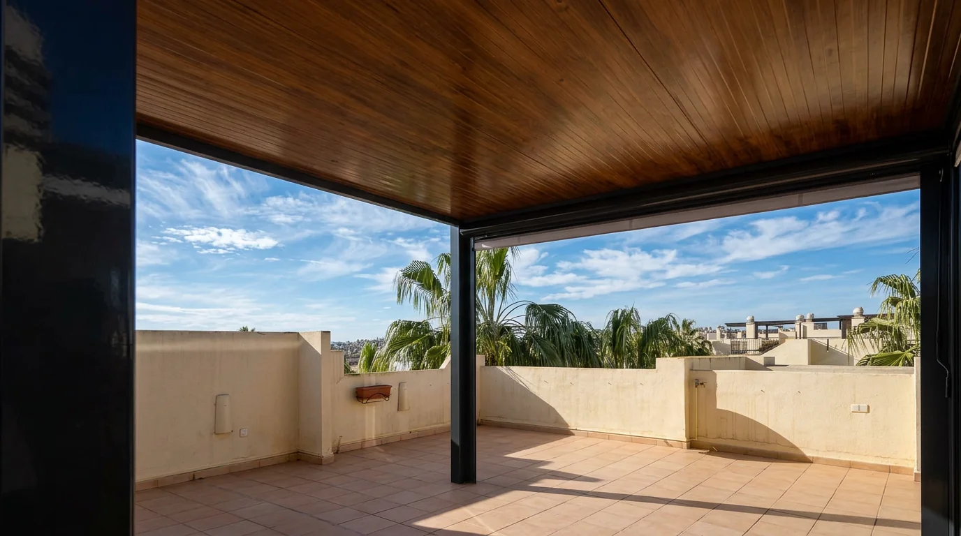 Detalle del techo de madera de una Pérgola Moderna