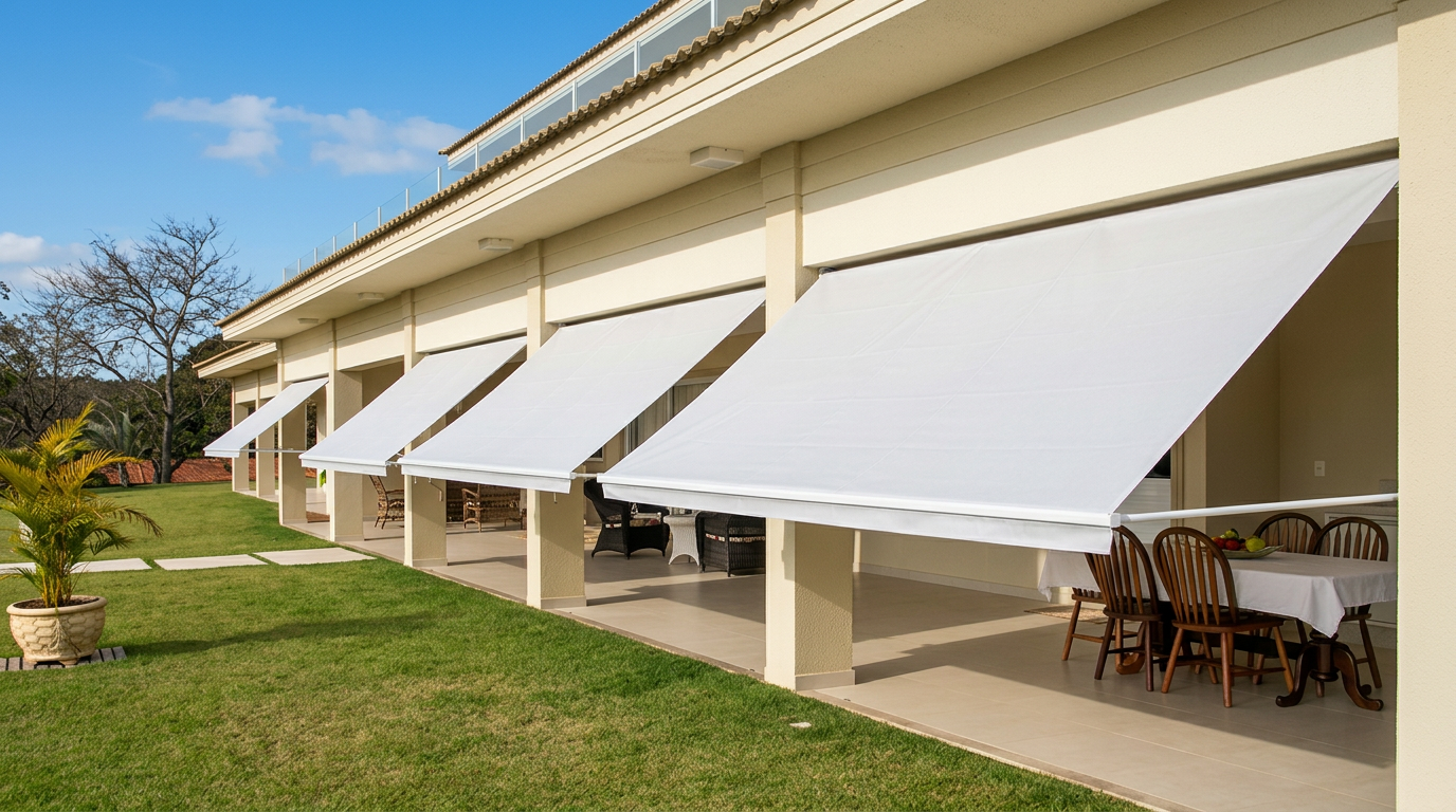 Toldos de punto recto blancos instalados en una terraza