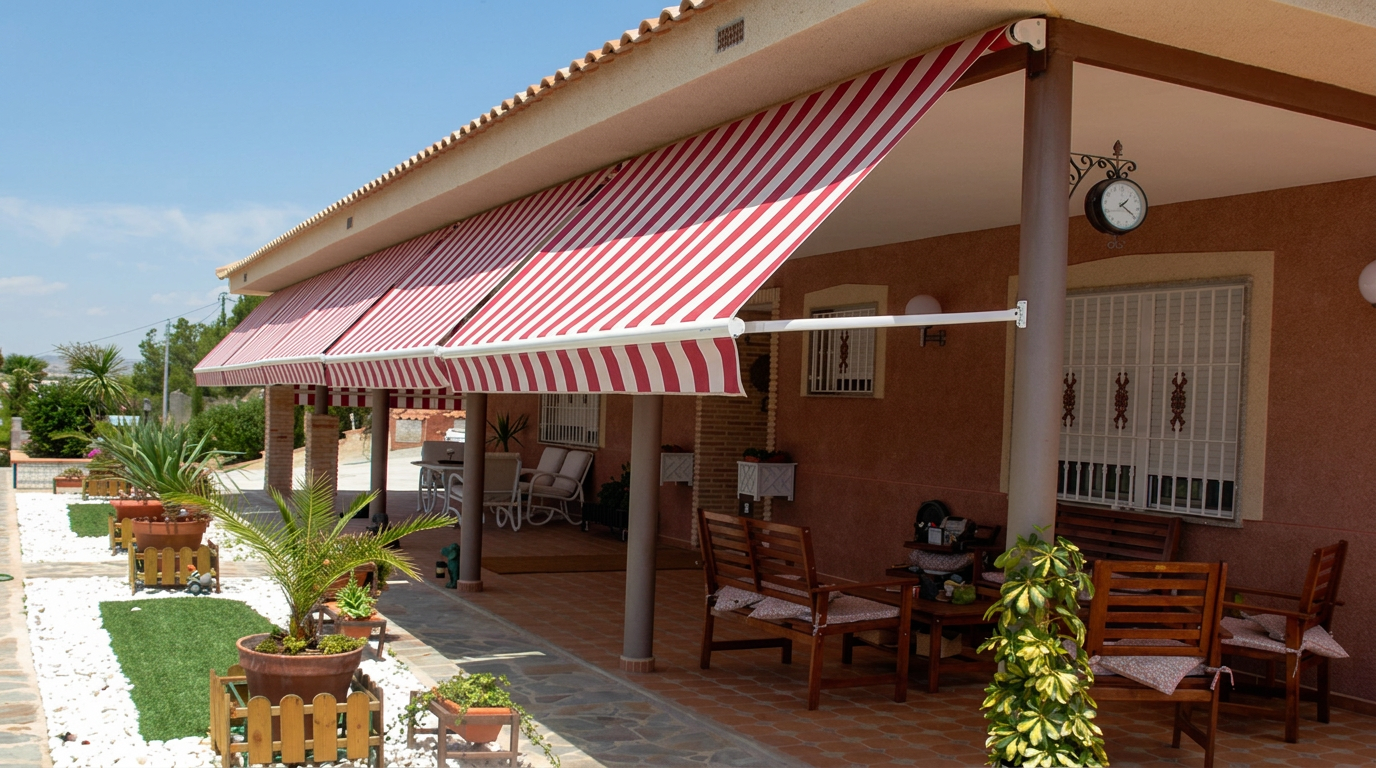 Toldo de punto recto en una ventana exterior