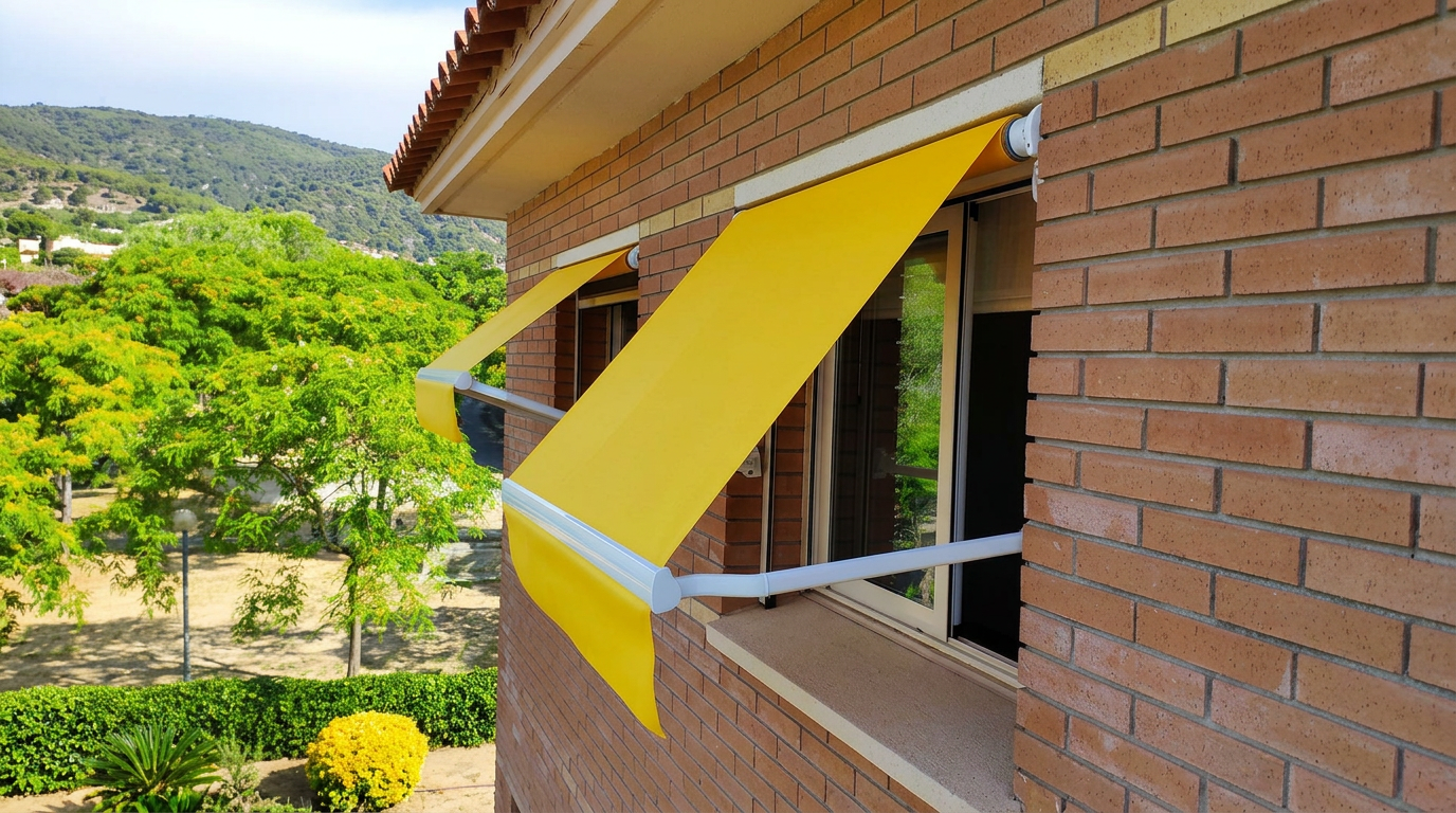 Toldos de punto recto amarillos en ventanas de una vivienda