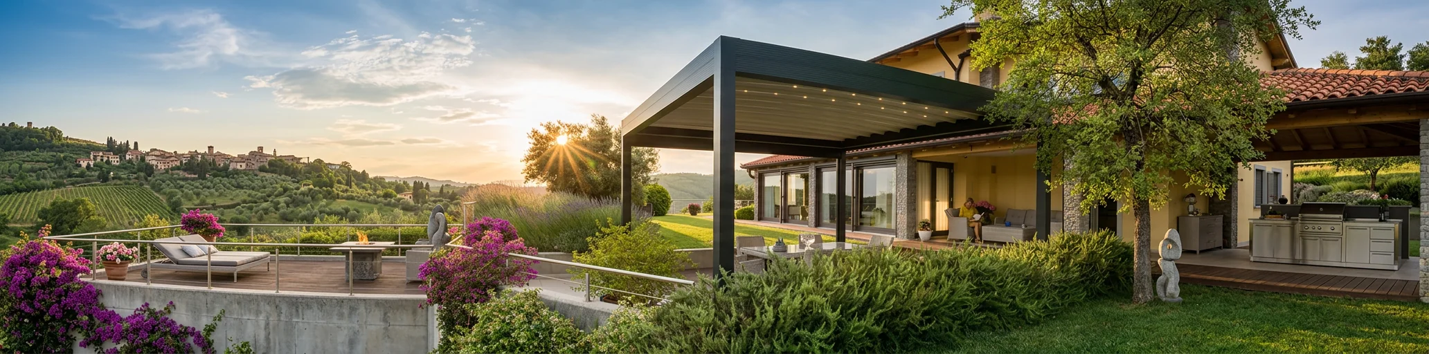 Pérgola para lluvia junto a una piscina