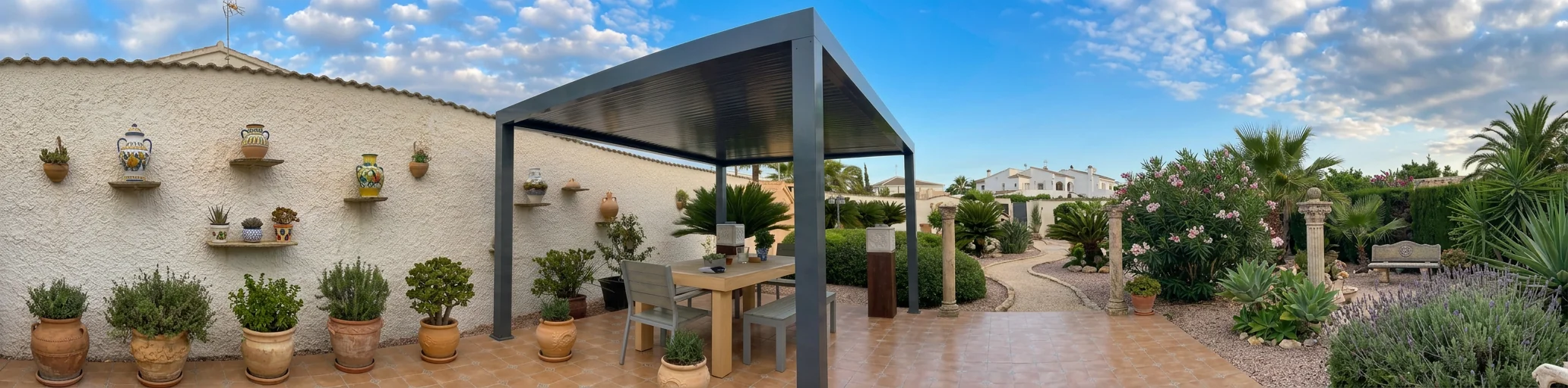 Pérgola Moderna con estructura oscura