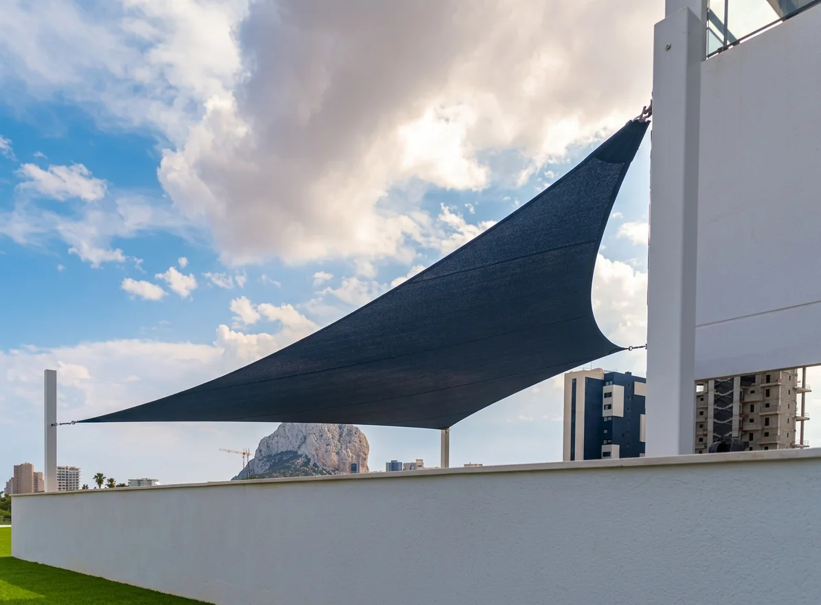 Vela tensada instalada sobre una zona exterior