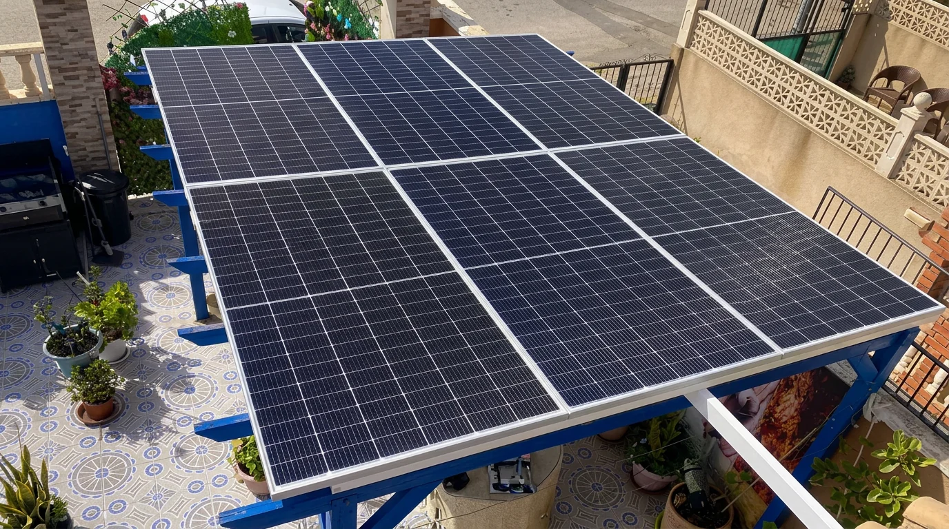 Pérgola con paneles solares integrada en el exterior
