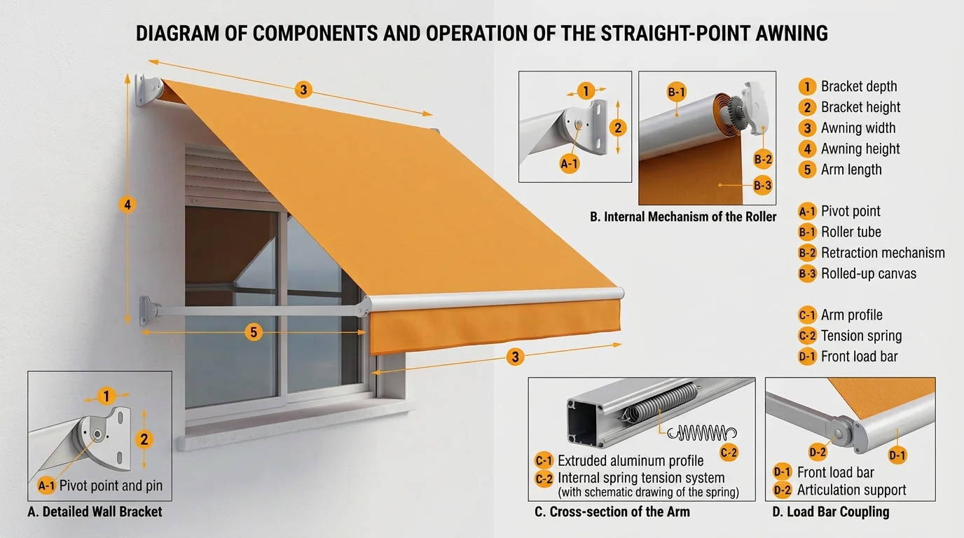 Technical diagram of a straight-arm awning with side arms