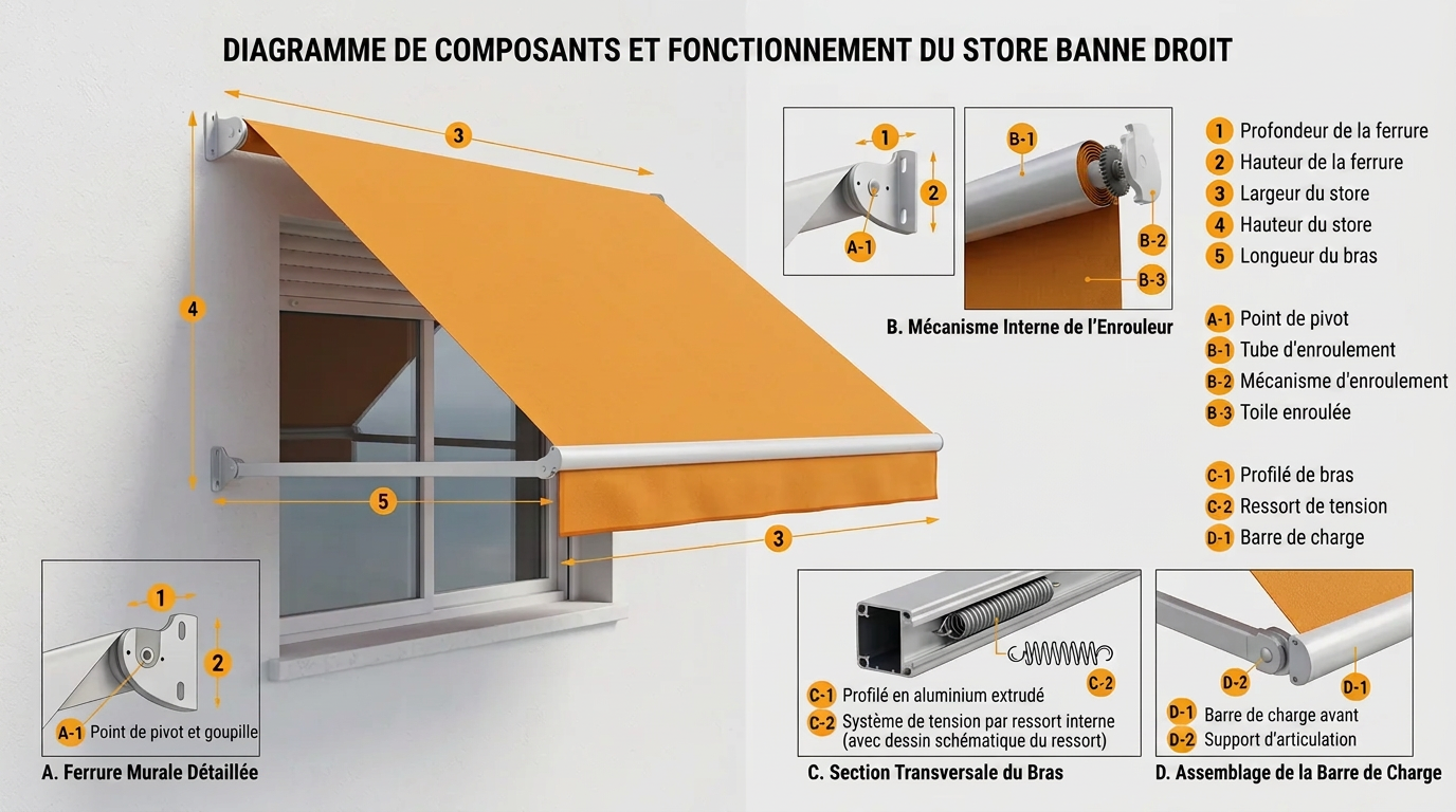 Schéma technique d'un store à projection avec bras latéraux
