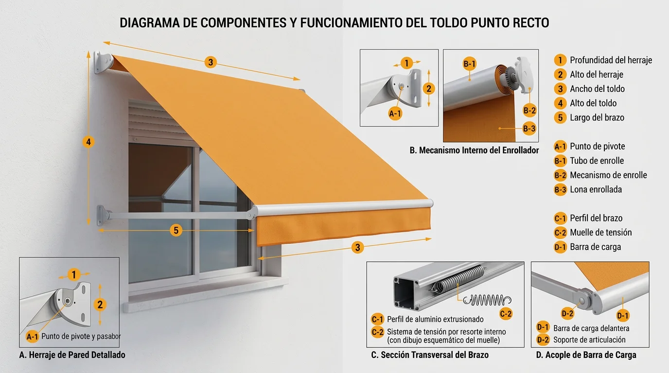 Esquema técnico de un toldo de punto recto con brazos laterales